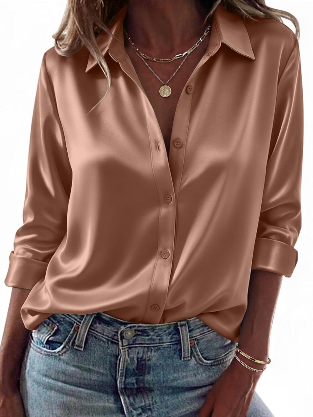 Womens Tops Long Sleeve Satin Silk Button Down Shirts Dressy Blouses